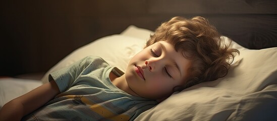 Aufkleber - Young child peacefully snoring while resting on a cozy bed indoors. with copy space image. Place for adding text or design