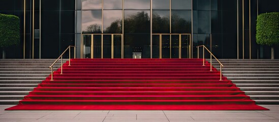 Poster - A red carpeted staircase leads up to the entrance of a grand building. with copy space image. Place for adding text or design