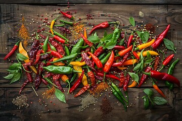 Poster - A vibrant display of fresh and dried chili peppers, showcasing a variety of colors and types, scattered on a rustic wooden surface. Generative AI