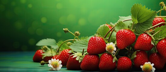 Wall Mural - Close-up view of vibrant red strawberries accompanied by green leaves and delicate flowers. with copy space image. Place for adding text or design