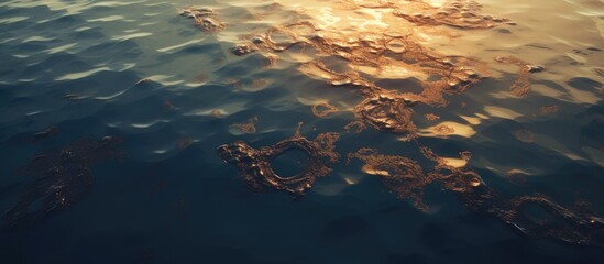 Aufkleber - Sun setting over a calm lake marred by an oil stain, creating an environmental hazard. with copy space image. Place for adding text or design