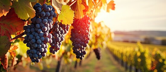 Poster - Close-up view of a cluster of grapes hanging from a vine at a vineyard during the autumn harvest season, showcasing ripe grapes in fall. with copy space image. Place for adding text or design