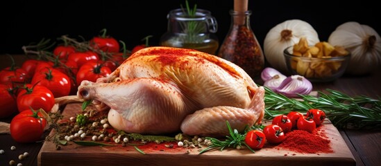 Poster - Raw chicken drizzled with herbs and spices laid out and ready for cooking in the kitchen. with copy space image. Place for adding text or design