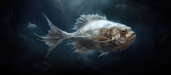 Poster - The fish gracefully moves through the water, showcasing its elegant underwater dance. with copy space image. Place for adding text or design