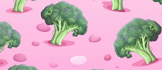Leinwandbilder - Fresh broccoli pieces spread out on a vibrant pink surface, creating a visually appealing arrangement. with copy space image. Place for adding text or design