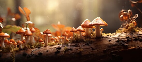Poster - Small mushrooms growing around a house during fall season, while mushrooms on a log in the woods are illuminated by a bright light. with copy space image. Place for adding text or design