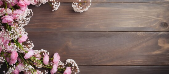 Fototapete - Vibrant flowers displayed on a wooden table, featuring a striking vase in the middle. with copy space image. Place for adding text or design