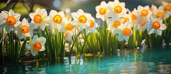 Aufkleber - Bright and delicate narcissus flowers in full bloom, emerging elegantly from the water in a serene garden setting. with copy space image. Place for adding text or design