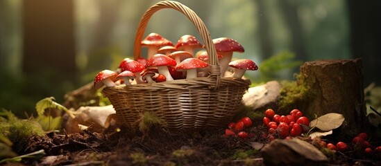 Poster - Rustic basket filled with assorted mushrooms set against a backdrop of woodland scenery. with copy space image. Place for adding text or design