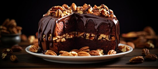 Poster - Rich fudge frosting complemented by crunchy nuts on a luscious chocolate cake. with copy space image. Place for adding text or design