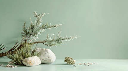 Aufkleber - Abstract nature scene with a composition of juniper stones and dry snags Neutral green background for cosmetic beauty product branding identity and packaging Natural pastel colors Copy : Generative AI