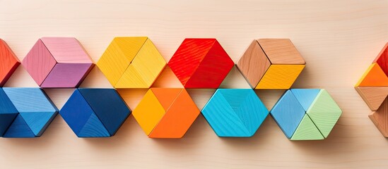 Poster - Close-up image of a wooden toy with vibrant colored geometric shapes for sensory integration therapy and Montessori child development. with copy space image. Place for adding text or design