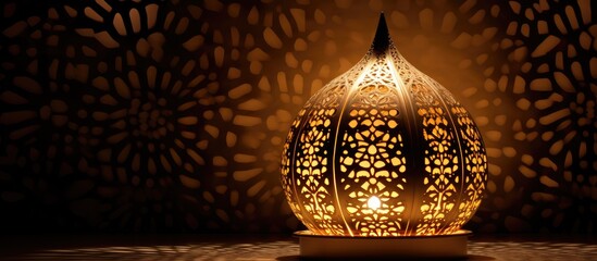 Aufkleber - A close-up view of a stylish, modern oriental lamp featuring perforated golden shapes creating a unique design. with copy space image. Place for adding text or design