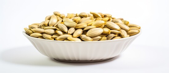 Aufkleber - Sunflower seeds presented in a dish against a plain white background, offering a simple yet appealing aesthetic. with copy space image. Place for adding text or design