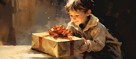 Poster - Young boy opening a present box by untying a red ribbon during the festive season of Christmas and New Year. with copy space image. Place for adding text or design