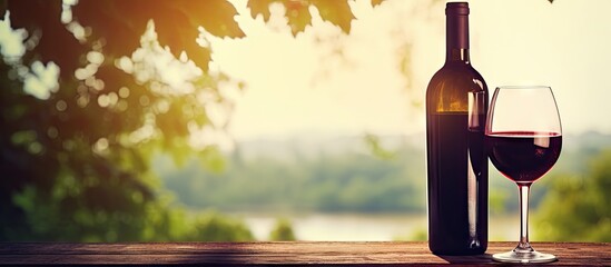 Aufkleber - A detailed view of a wine bottle and glass placed on a table surface. The bottle label and glass rim are prominently displayed. with copy space image. Place for adding text or design