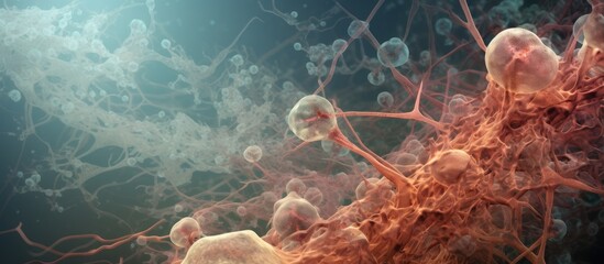 Poster - Microscopic view of a cluster of cells showing cellular structure, suitable for studying genetic disorders and tumor formation in the nervous system. with copy space image