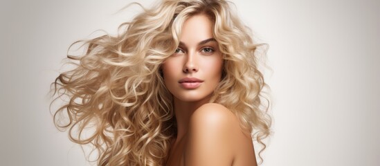 Poster - Attractive female model showcasing long curly blonde hair against a plain white background, exuding a sensuous charm. with copy space image. Place for adding text or design