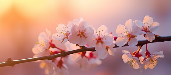 Aufkleber - Delicate white flowers on a tree branch captured in the soft light of a sunset. with copy space image. Place for adding text or design