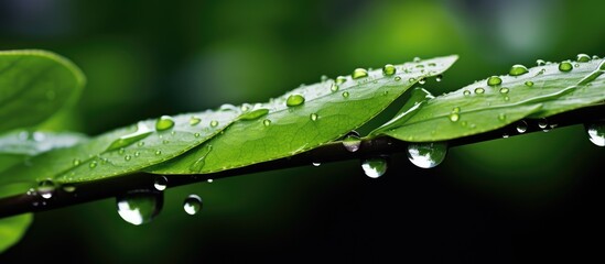 Wall Mural - Close-up view of raindrops on a green leaf, showcasing the beauty of nature's elements. with copy space image. Place for adding text or design