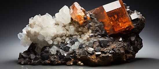 Poster - Cluster of various crystals including manganese, manganite, quartz, and calcite on a rock surface. with copy space image. Place for adding text or design