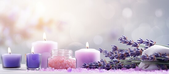 Aufkleber - Table decorated with lavender flowers and candles, set against a backdrop of snow, creating a serene spa and wellness setting. with copy space image. Place for adding text or design