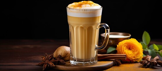 Fototapete - Glass filled with coffee topped with frothy drink in a close-up view. with copy space image. Place for adding text or design
