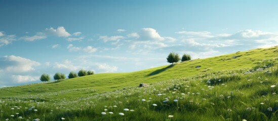 Fototapete - Green grass covers the hill in spring, adorned with white flowers and trees on a bright sunny day. with copy space image. Place for adding text or design