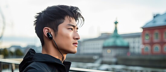 Poster - Young Asian athlete with earbuds looking out at the water in an urban European setting. with copy space image. Place for adding text or design