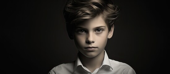 Poster - Close-up studio portrait of a beautiful young boy in black and white attire. with copy space image. Place for adding text or design