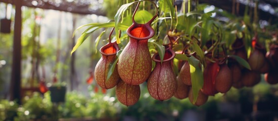 Fototapete - Bunch of pitchers swinging from a tree, Nepenthes Tropical pitcher plants and monkey cups in garden with soft focus on insectivorous plants. with copy space image. Place for adding text or design