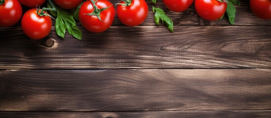 Wall Mural - Plum tomatoes arranged beautifully on a weathered wooden background, showcasing their natural beauty. with copy space image. Place for adding text or design