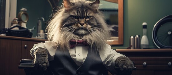 Poster - Cat relaxing in a chair wearing a stylish bow tie, looking dapper and sophisticated. with copy space image. Place for adding text or design