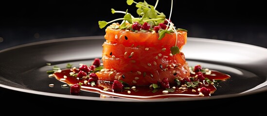 Leinwandbilder - Delicious gourmet salmon tartare beautifully presented on a plate. with copy space image. Place for adding text or design