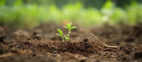 Poster - Tiny plant breaking through the soil surface in a growth process. with copy space image. Place for adding text or design