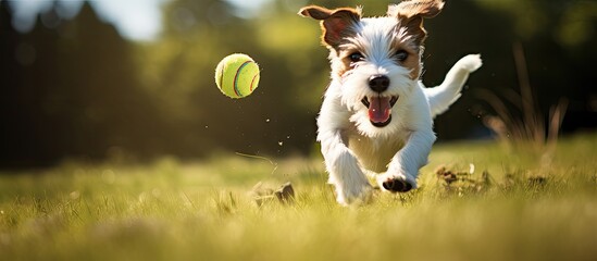 Poster - Energetic Parson Russell Terrier adult happily engages in playtime with a soft and cuddly toy. with copy space image. Place for adding text or design