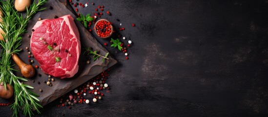 Leinwandbilder - A fresh cut of beef resting on a wooden cutting board, seasoned with various herbs for flavor. with copy space image. Place for adding text or design