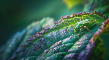 Poster - Common Green Shieldbug young one not yet fully grown Note the camouflage colours make it hard to see on the leaf : Generative AI