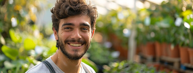 Wide banner image of handsome happy farmer in front of a greenhouse with pretty smile    