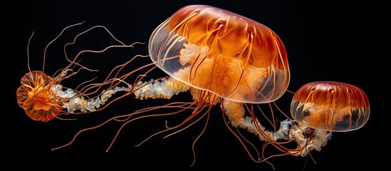 Poster - Orange nettle jellyfish from Monterey Bay Aquarium gracefully glide in the water, showcasing their tentacles. with copy space image. Place for adding text or design