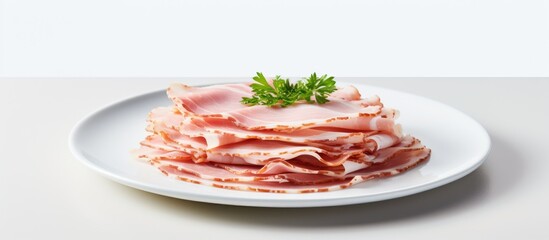 Wall Mural - Delicate pork slices arranged neatly on a clean white plate for serving. with copy space image. Place for adding text or design
