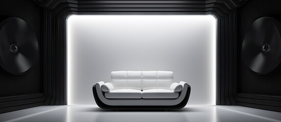 Fototapete - A serene setting with a white couch illuminated by light filtering through a window in a darkened room. with copy space image. Place for adding text or design