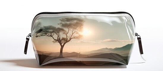 Poster - Bag featuring a tree design up close, alongside a wide shot of a transparent cosmetic bag. with copy space image. Place for adding text or design
