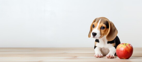 Aufkleber - Adorable 2-month-old purebred male beagle puppy happily snacking on a fresh apple. with copy space image. Place for adding text or design