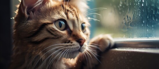 Poster - Cat gazing out from a window, displaying contentment while grooming itself in the warmth of home. with copy space image. Place for adding text or design