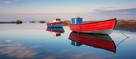 Wall Mural - Multiple boats are peacefully resting on the calm waters of a bay while reflecting the blue sky. with copy space image. Place for adding text or design