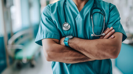 The doctor stood with his arms crossed over his chest and a stethoscope with copy space,In the background is a bright blue hospital.