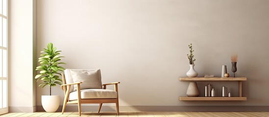 Aufkleber - Contemporary interior redesign with a stylish wooden chair and shelf in the living room. with copy space image. Place for adding text or design