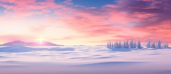 Wall Mural - Gentle snowy slope leading towards a distant mountain under a colorful setting sun in a tranquil winter landscape. with copy space image. Place for adding text or design