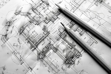 Poster - Detailed architects' drawing of a house plan with pencils on top in black and white